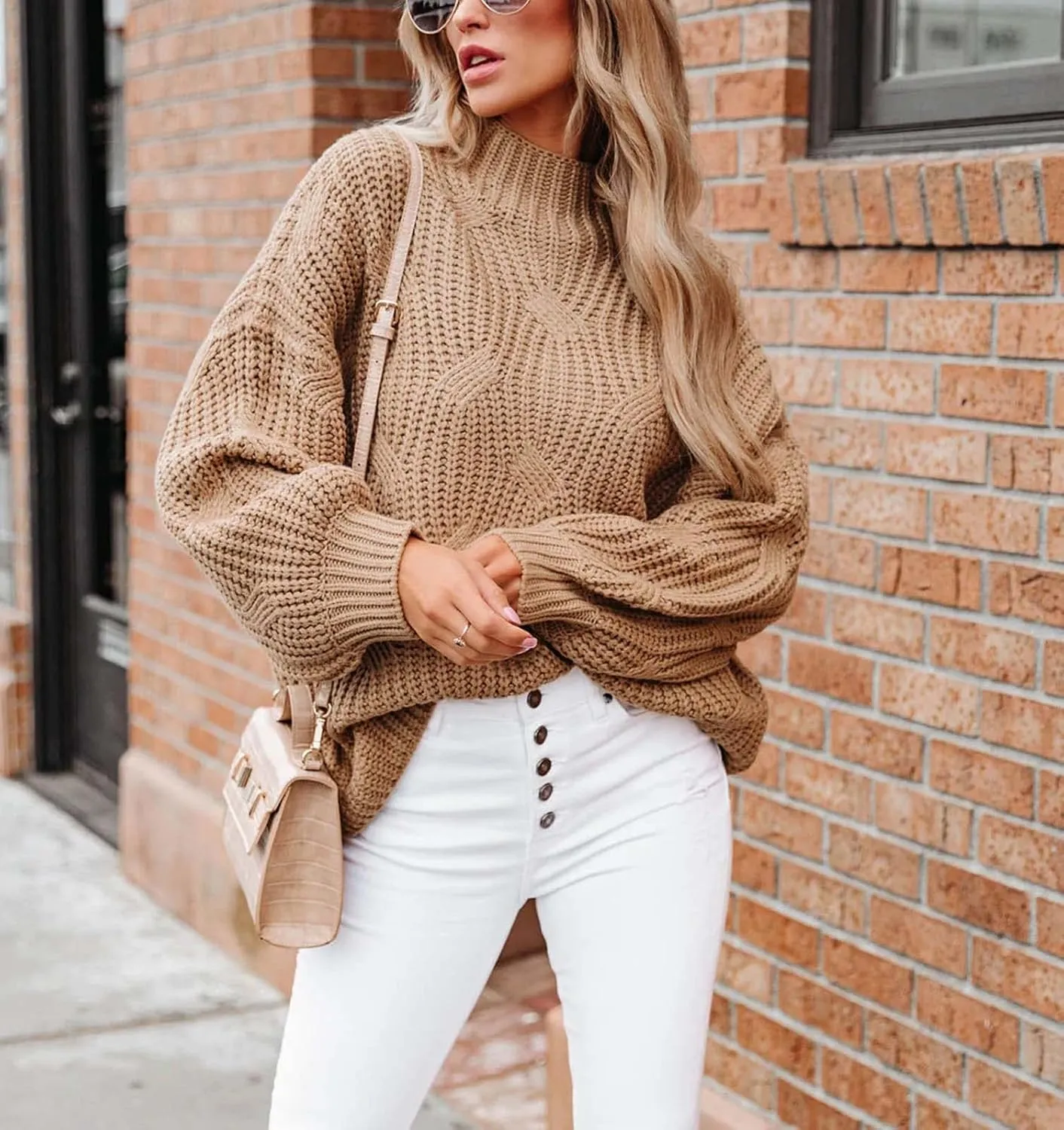 BWQ Women's 2024 Fall Oversized Pullover Sweaters Loose Casual Crewneck Long Sleeve Chunky Soft Cable Knit Blouse Tops
