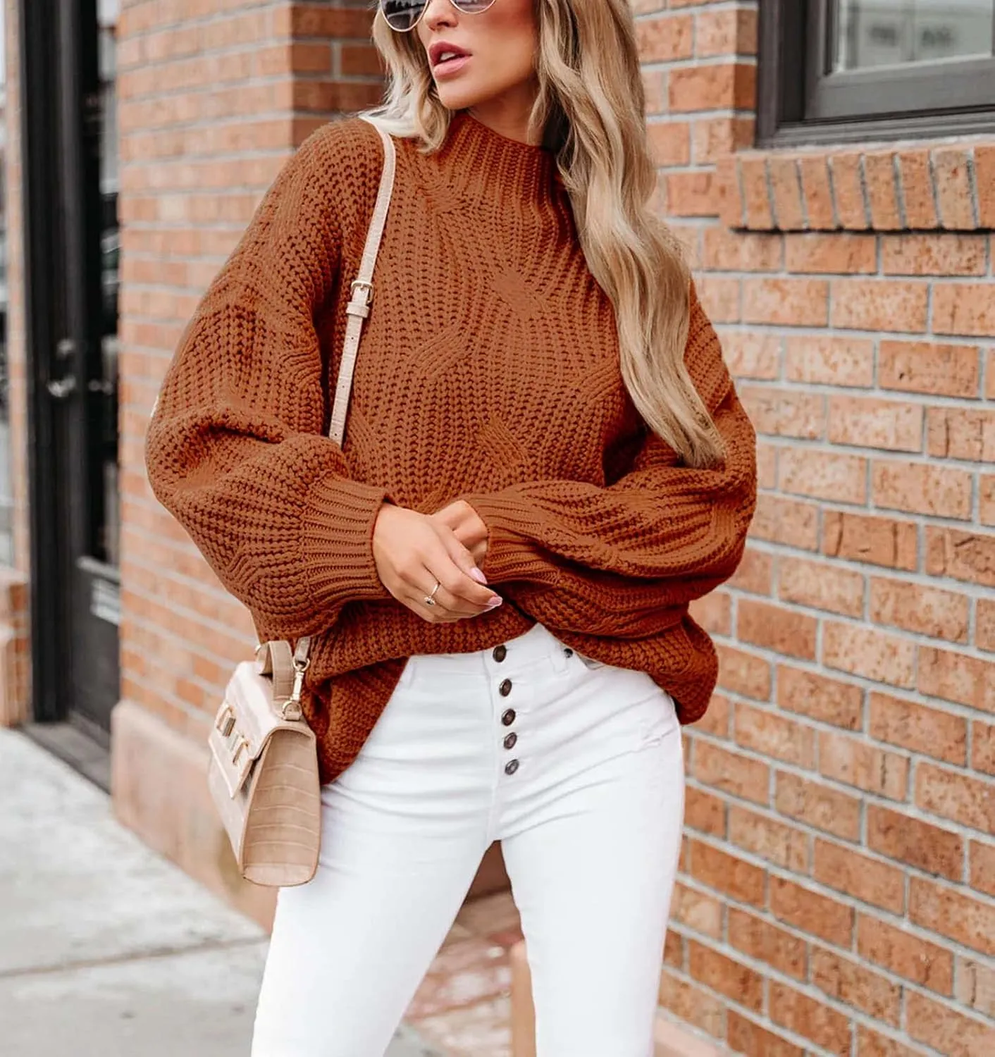 BWQ Women's 2024 Fall Oversized Pullover Sweaters Loose Casual Crewneck Long Sleeve Chunky Soft Cable Knit Blouse Tops