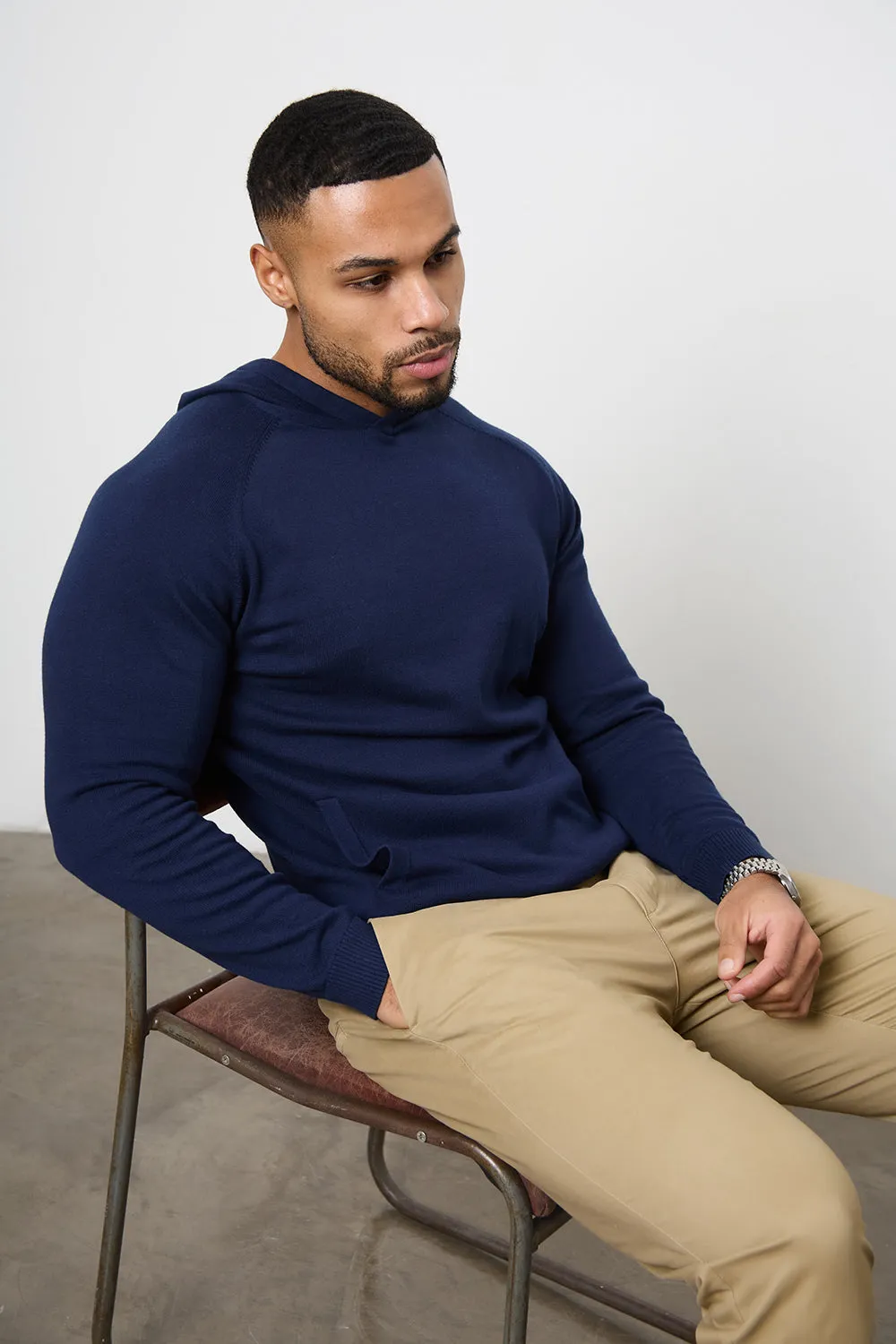 Cotton Knitted Hoodie in Navy
