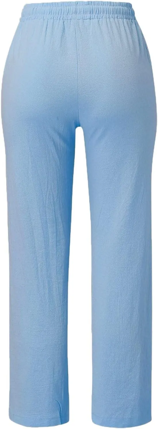 Cotton Linen Pants for Women Printed Capri Pant Plus Size Wide Leg Sweatpants Summer Cropped Elastic Waist Trousers