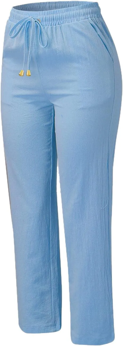 Cotton Linen Pants for Women Printed Capri Pant Plus Size Wide Leg Sweatpants Summer Cropped Elastic Waist Trousers