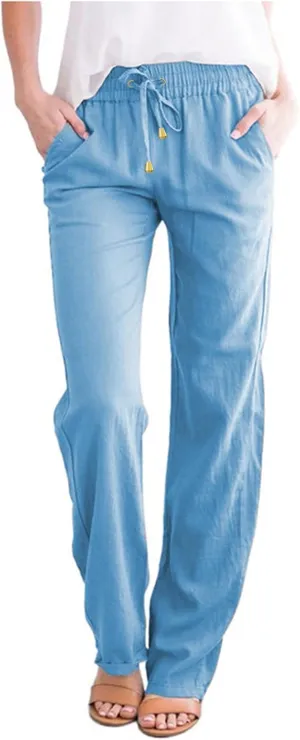 Cotton Linen Pants for Women Printed Capri Pant Plus Size Wide Leg Sweatpants Summer Cropped Elastic Waist Trousers