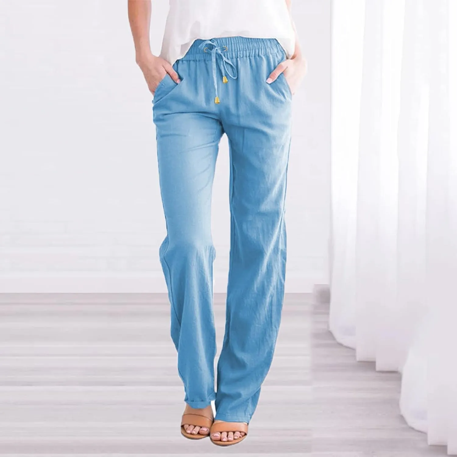 Cotton Linen Pants for Women Printed Capri Pant Plus Size Wide Leg Sweatpants Summer Cropped Elastic Waist Trousers