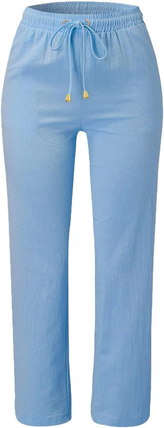 Cotton Linen Pants for Women Printed Capri Pant Plus Size Wide Leg Sweatpants Summer Cropped Elastic Waist Trousers