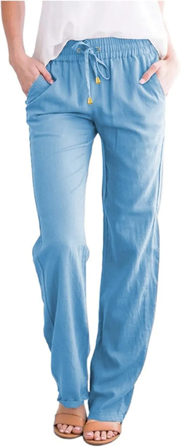 Cotton Linen Pants for Women Printed Capri Pant Plus Size Wide Leg Sweatpants Summer Cropped Elastic Waist Trousers