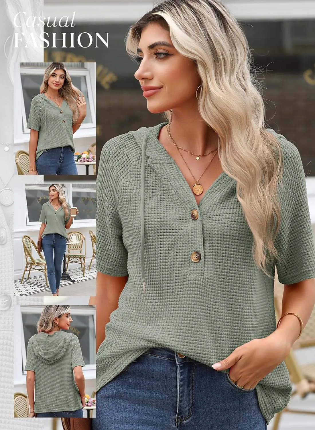 Dokotoo Womens Summer Tops Waffle Knit Short Sleeve Lightweight Drawstring Hoodies Button V Neck Casual Blouses Shirts