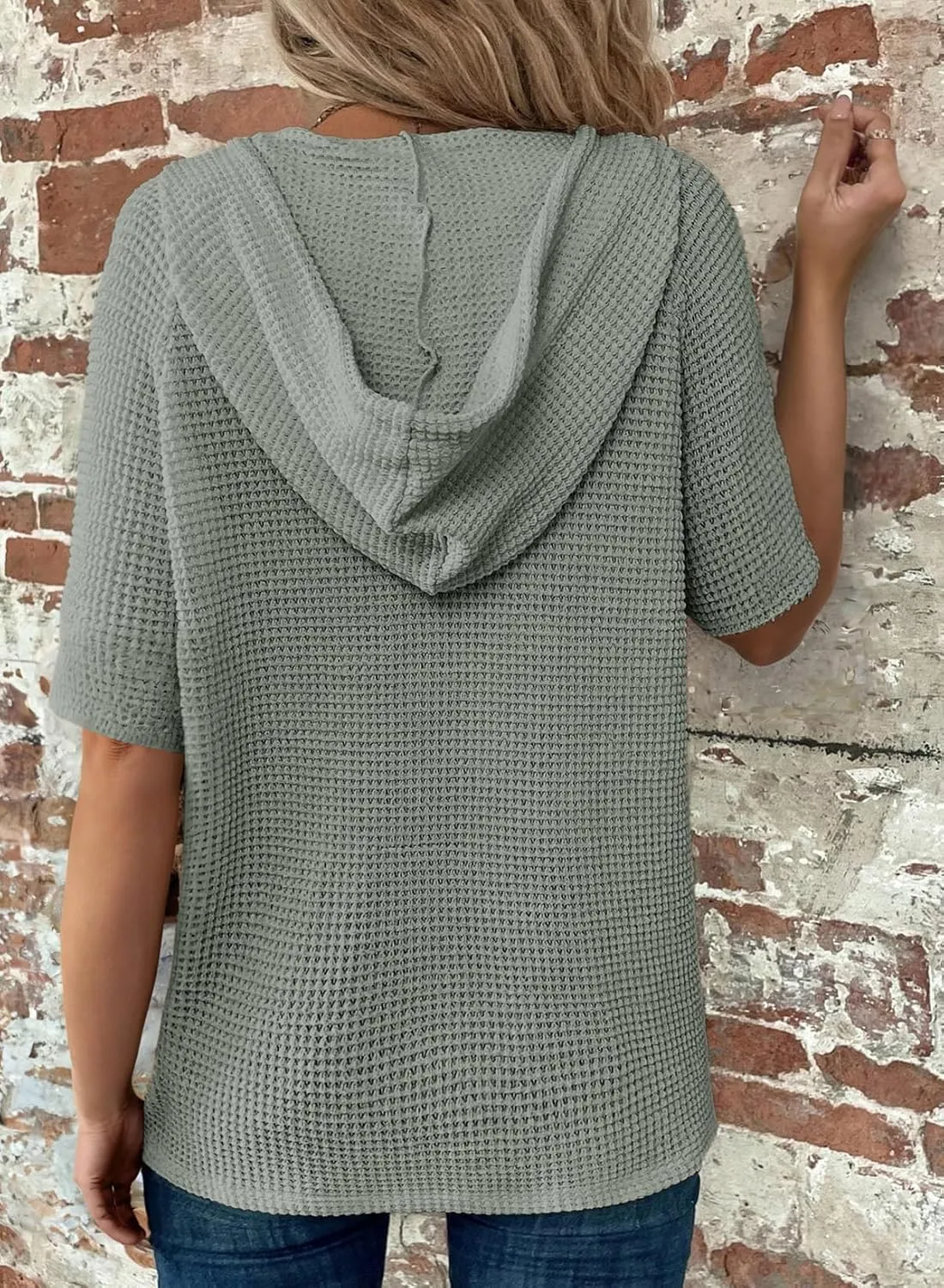 Dokotoo Womens Summer Tops Waffle Knit Short Sleeve Lightweight Drawstring Hoodies Button V Neck Casual Blouses Shirts