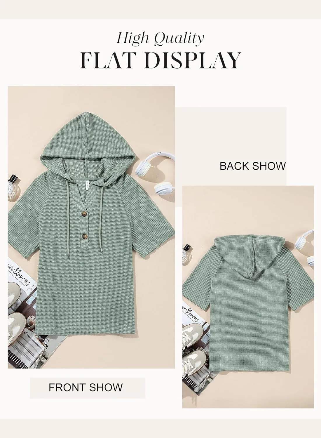 Dokotoo Womens Summer Tops Waffle Knit Short Sleeve Lightweight Drawstring Hoodies Button V Neck Casual Blouses Shirts