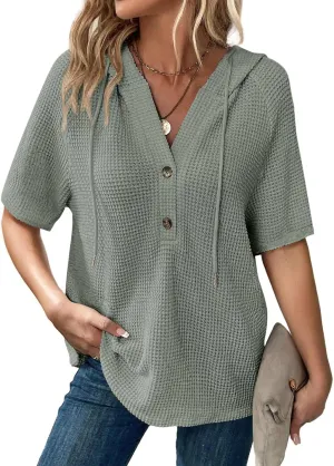 Dokotoo Womens Summer Tops Waffle Knit Short Sleeve Lightweight Drawstring Hoodies Button V Neck Casual Blouses Shirts