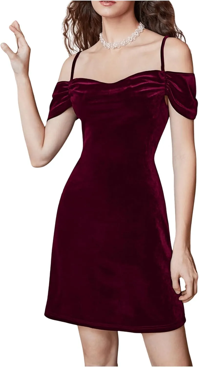 Floerns Women's Cold Shoulder Velvet Bodycon Dress Ruched Cocktail A Line Mini Dresses