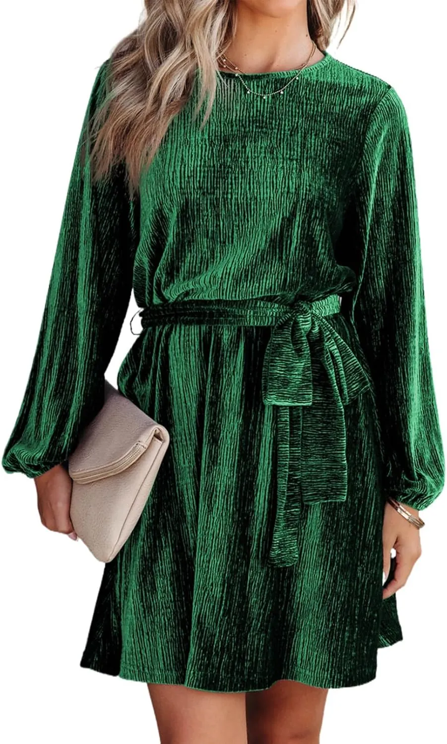 Happy Sailed Women's Velvet Cocktail Dress Spring Fashion Lantern Sleeve High Waist A-Line Skater Party Dresses with Belt