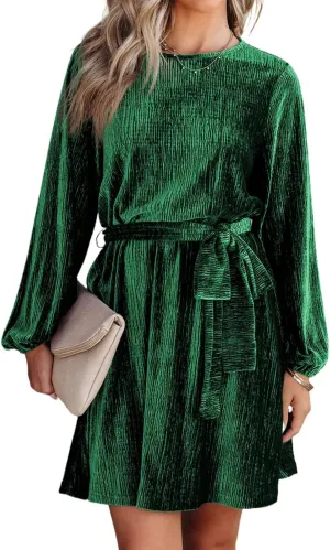 Happy Sailed Women's Velvet Cocktail Dress Spring Fashion Lantern Sleeve High Waist A-Line Skater Party Dresses with Belt