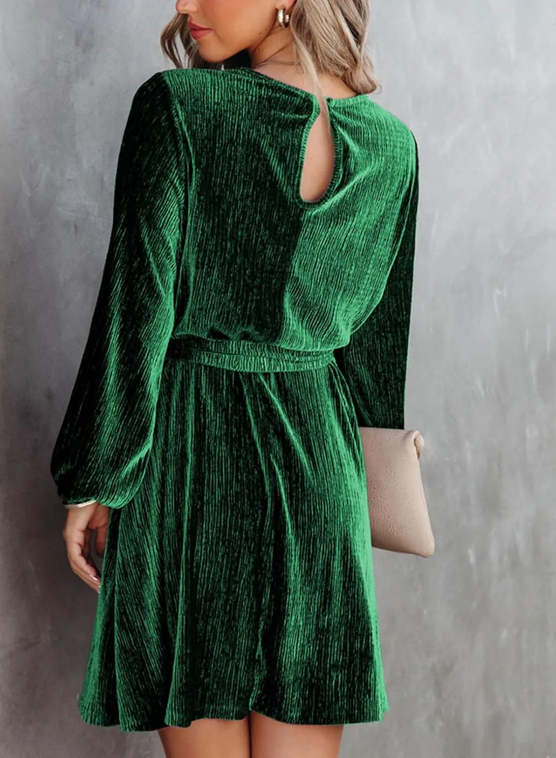 Happy Sailed Women's Velvet Cocktail Dress Spring Fashion Lantern Sleeve High Waist A-Line Skater Party Dresses with Belt
