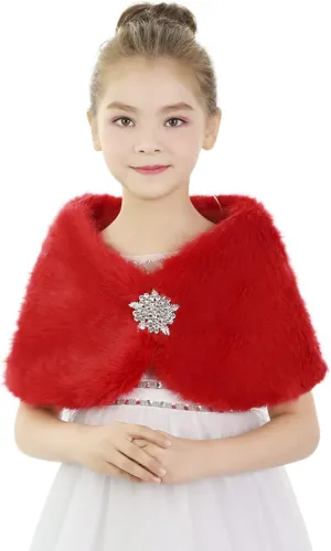IPENNY Girls Faux Fur Wrap Shawl Flower Kids Princess Cape Wedding Bridesmaid Bolero Shrug Christmas Party Costume Dress Up