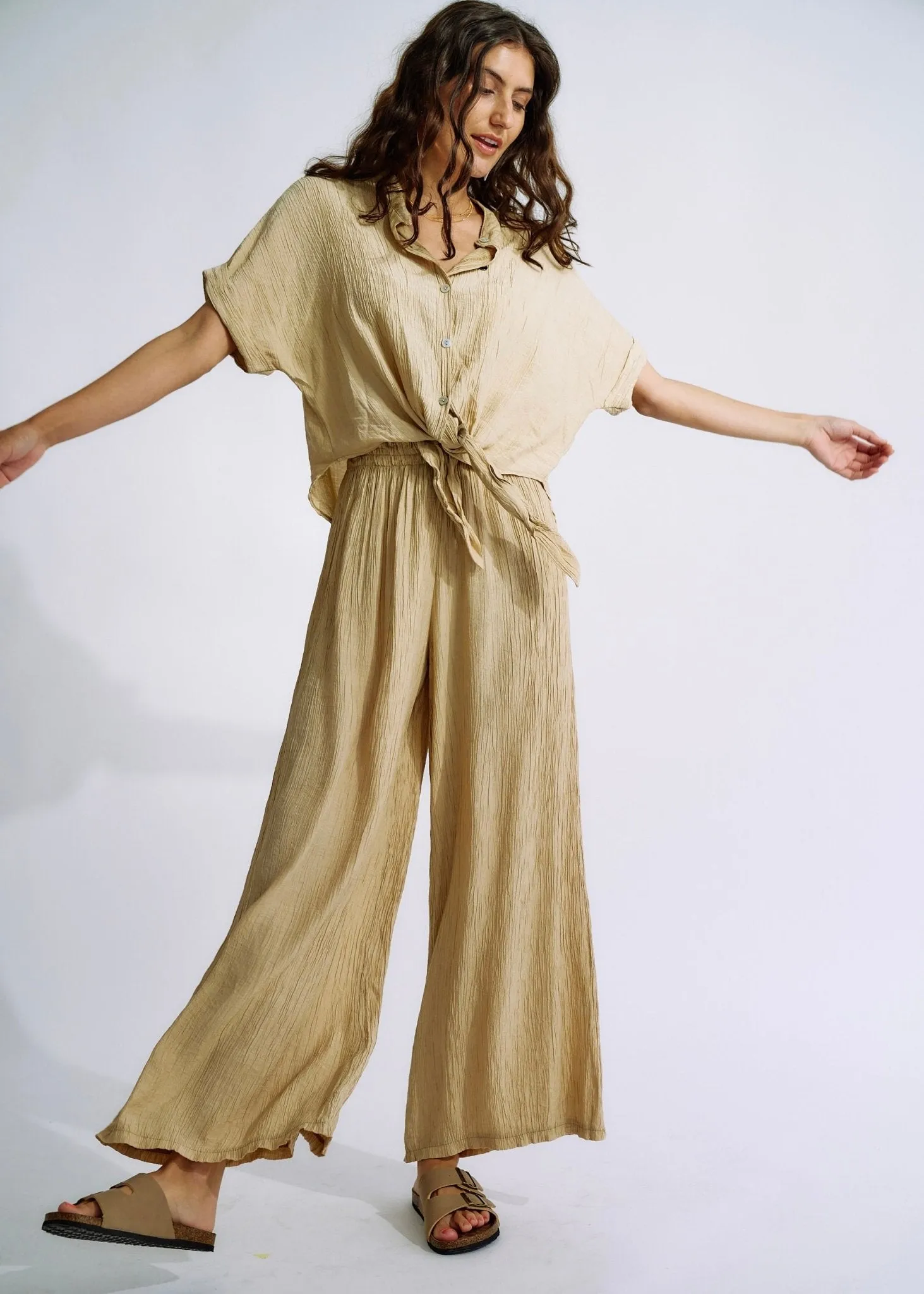 Italian Pleated Loungewear Set in Caramel