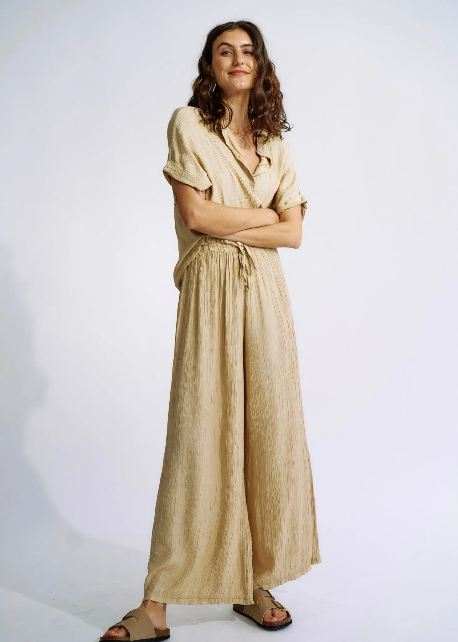 Italian Pleated Loungewear Set in Caramel