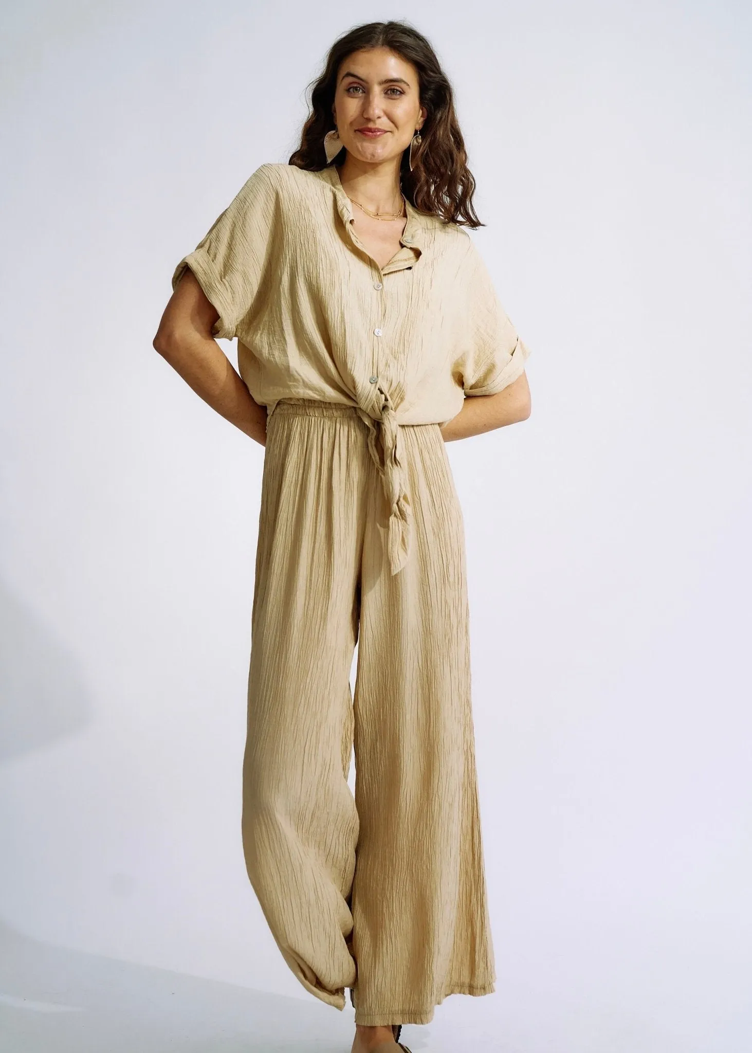 Italian Pleated Loungewear Set in Caramel