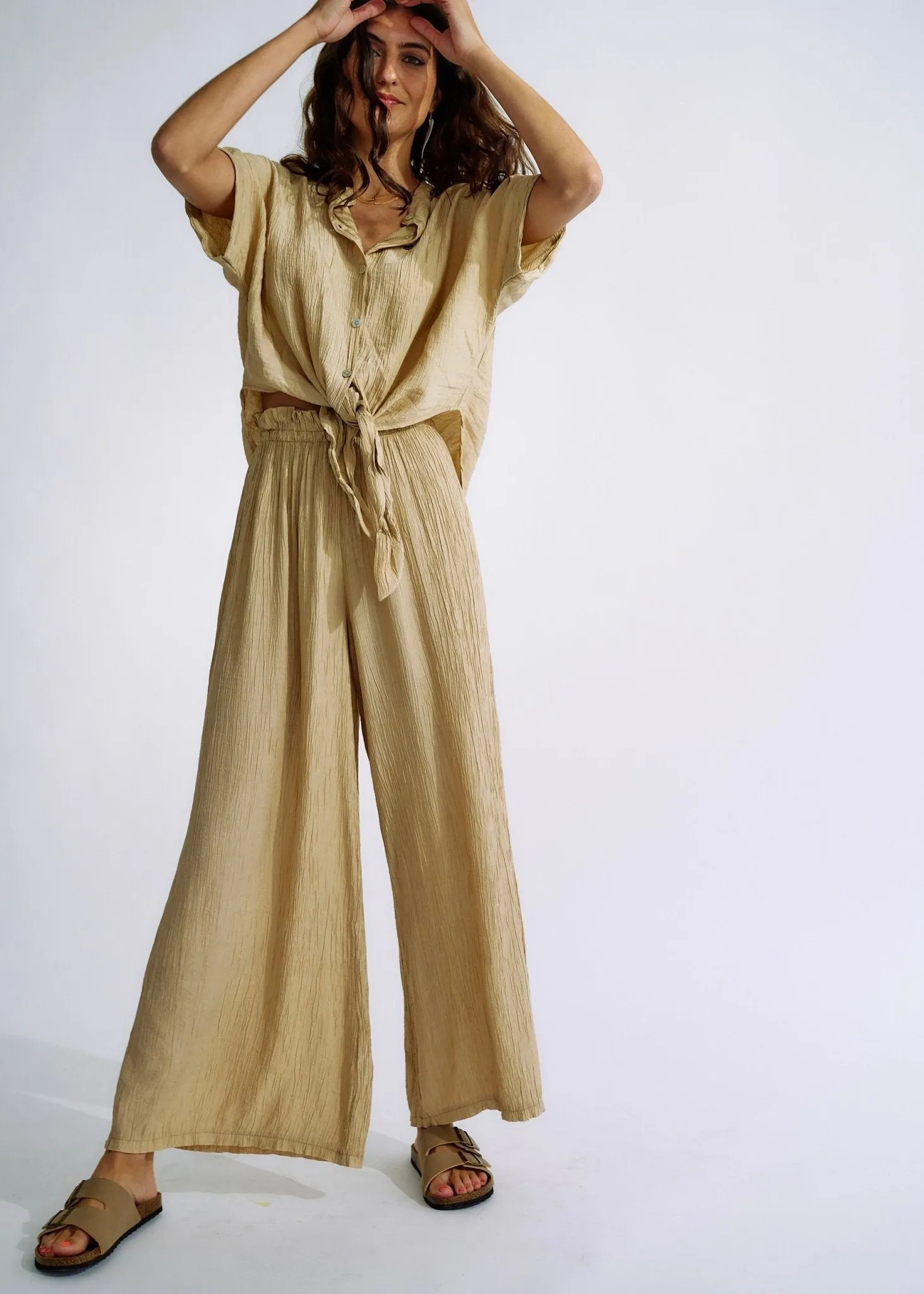 Italian Pleated Loungewear Set in Caramel