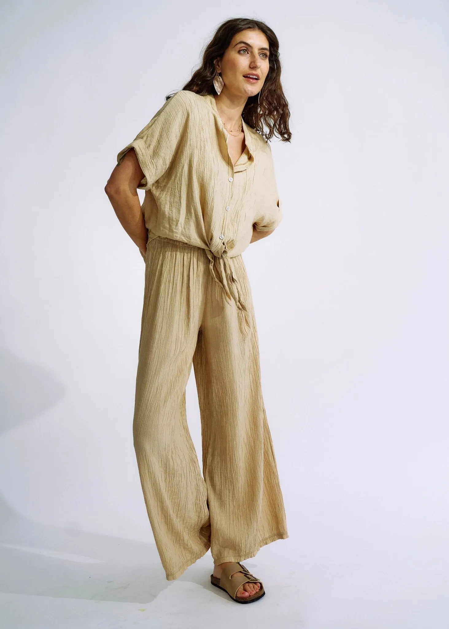 Italian Pleated Loungewear Set in Caramel