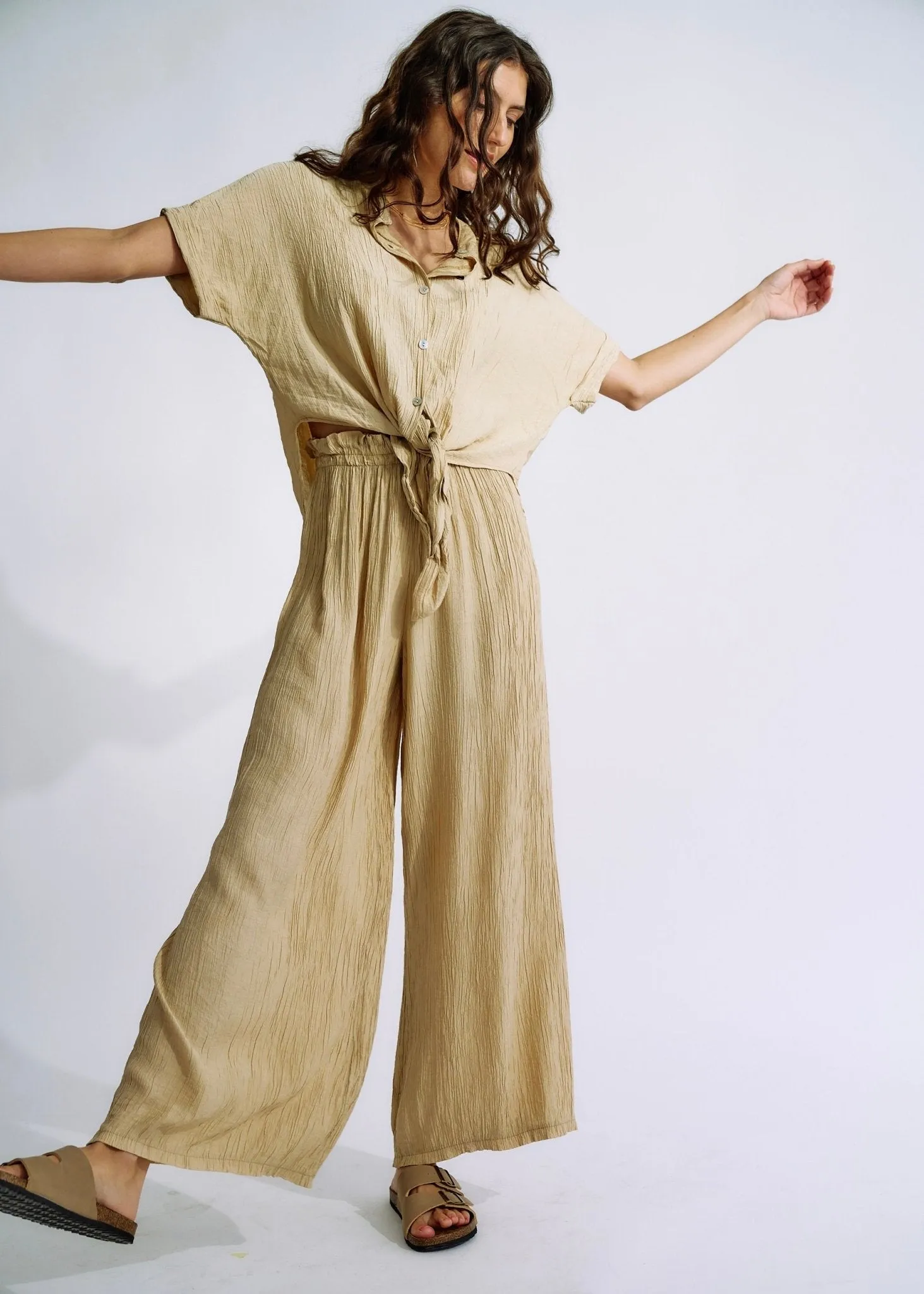 Italian Pleated Loungewear Set in Caramel