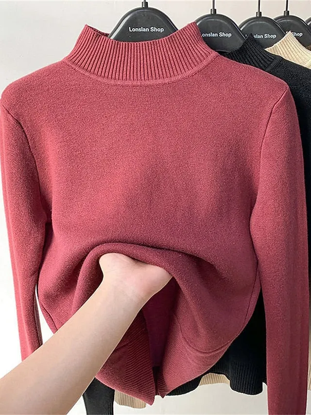 Joskaa Women's Pullover Sweater Jumper Turtleneck Ribbed Knit Acrylic Oversized Fall Winter Outdoor Daily Going out Stylish Casual Soft Long Sleeve Solid Color Black White Yellow S M L