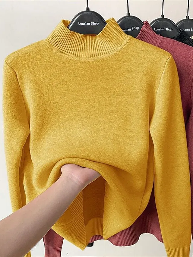 Joskaa Women's Pullover Sweater Jumper Turtleneck Ribbed Knit Acrylic Oversized Fall Winter Outdoor Daily Going out Stylish Casual Soft Long Sleeve Solid Color Black White Yellow S M L