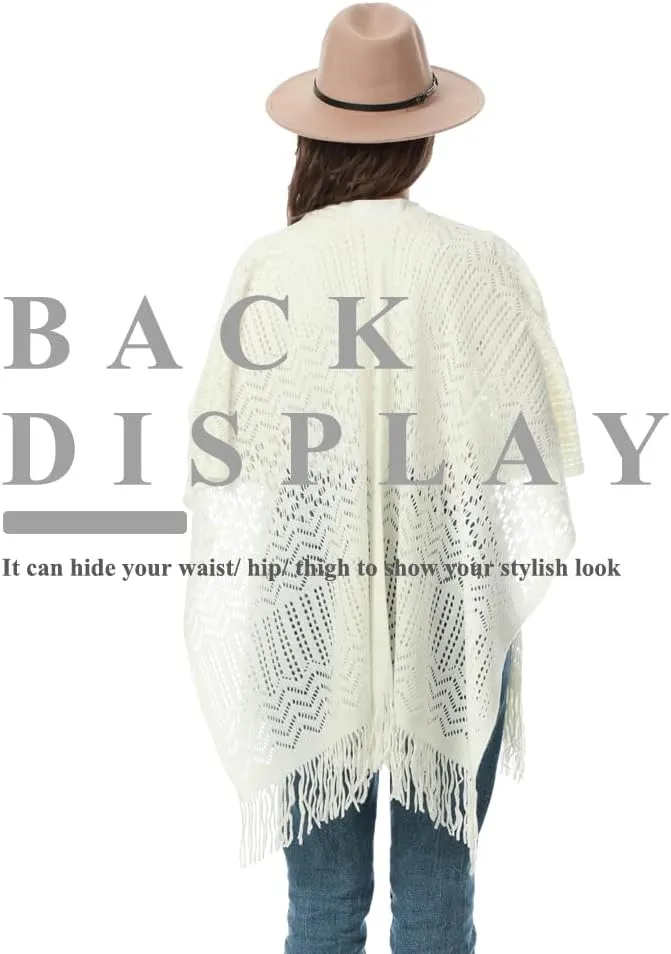 Knit Shawl Wraps Tassel Open Front Poncho Cape for Women, Ladies Fringed Knitted Cardigan for Fall Winter