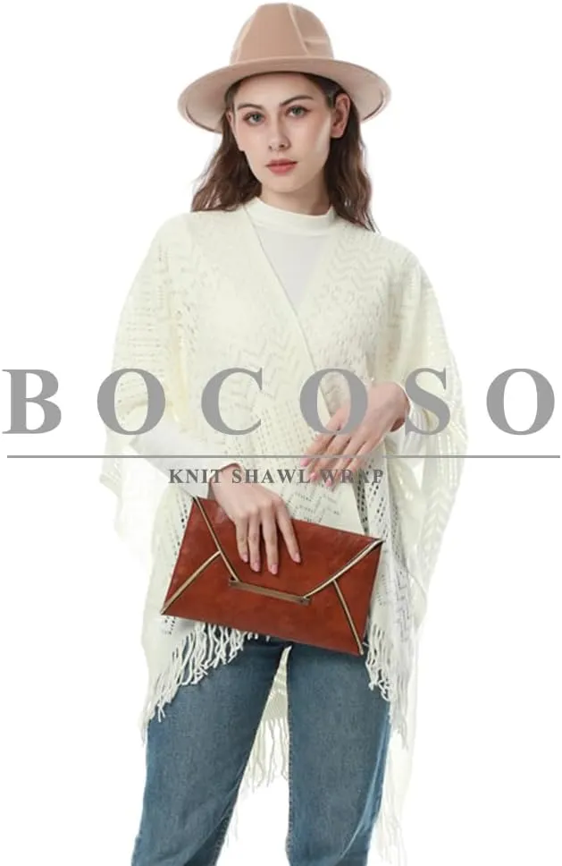 Knit Shawl Wraps Tassel Open Front Poncho Cape for Women, Ladies Fringed Knitted Cardigan for Fall Winter