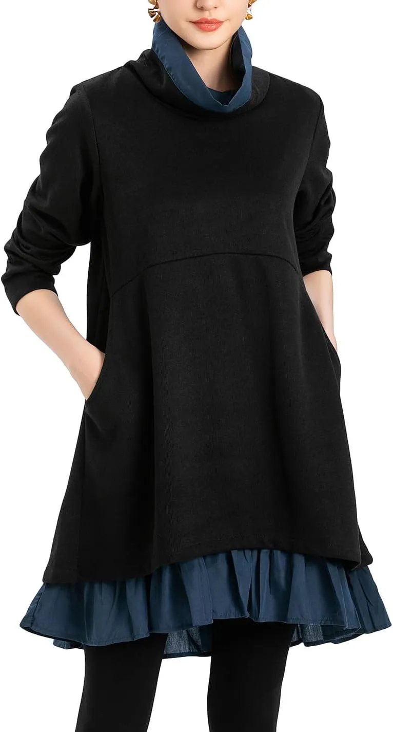 Minibee Women's Oversized Sweatshirt Dress Turtleneck Long Sleeve Tunic Tops Swing Dresses with Pockets