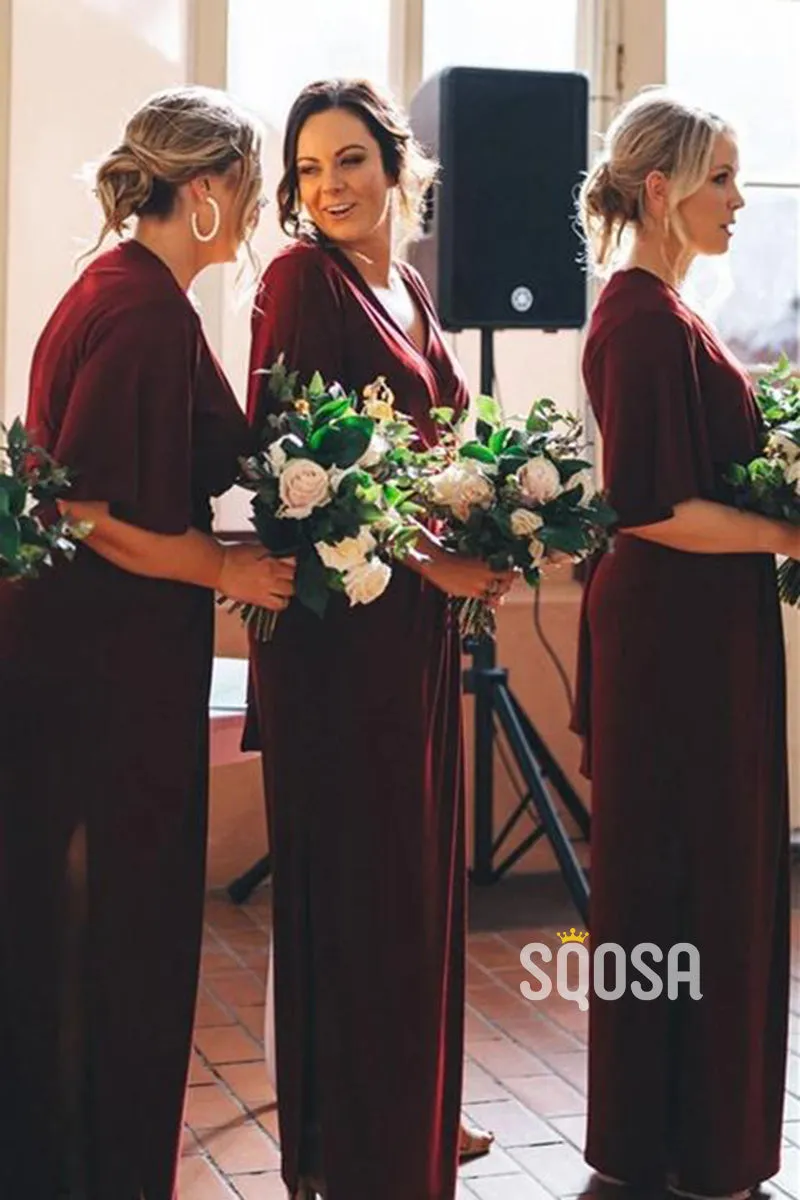 Plunging V-neck Short Sleeves Burgundy Bridesmaid Dress QB2137