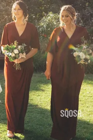 Plunging V-neck Short Sleeves Burgundy Bridesmaid Dress QB2137