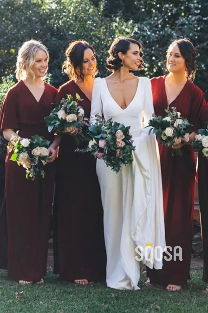 Plunging V-neck Short Sleeves Burgundy Bridesmaid Dress QB2137