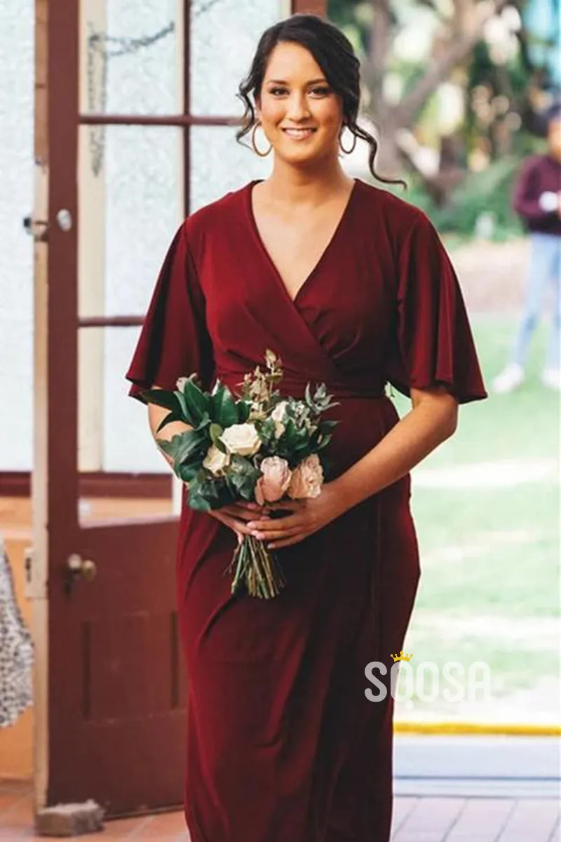 Plunging V-neck Short Sleeves Burgundy Bridesmaid Dress QB2137
