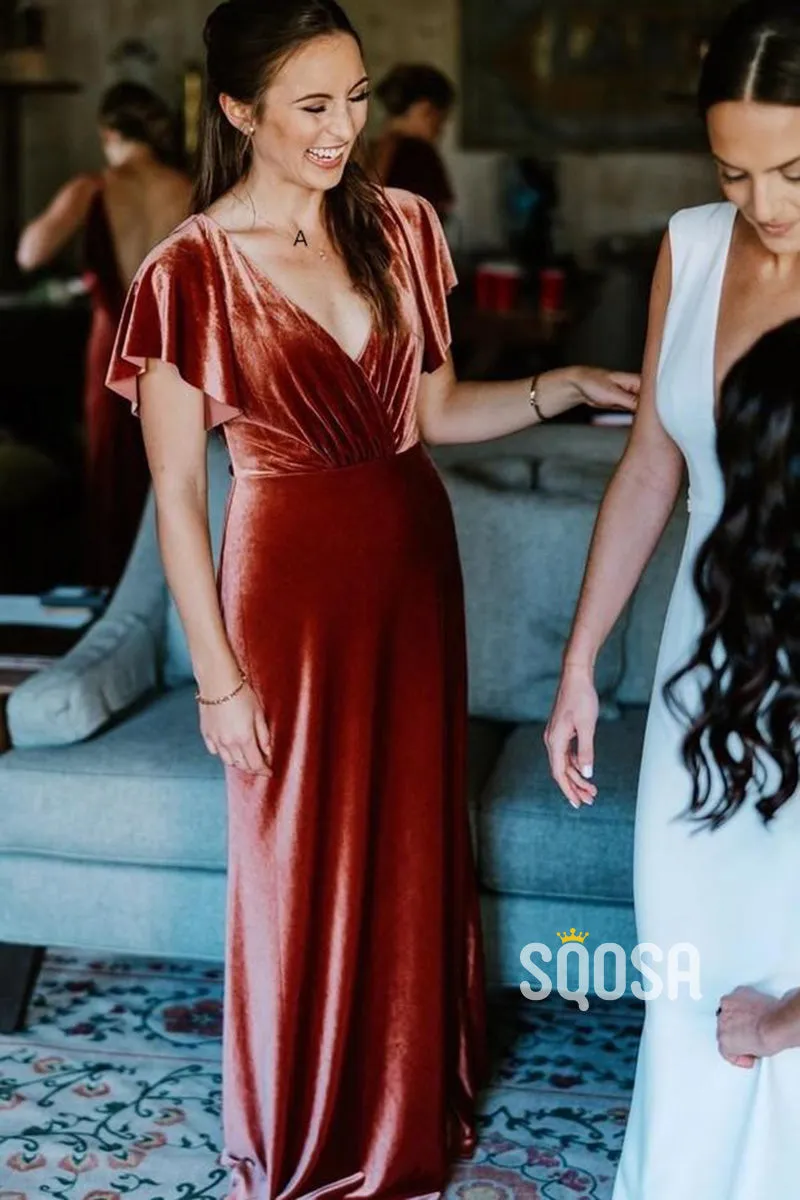 Plunging V-neck Velvet Long Bridesmaid Dress QB2136