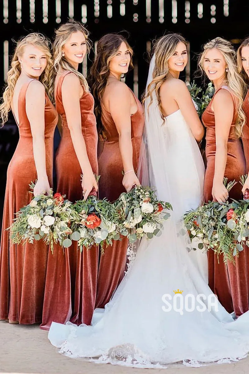 Plunging V-neck Velvet Long Bridesmaid Dress QB2136
