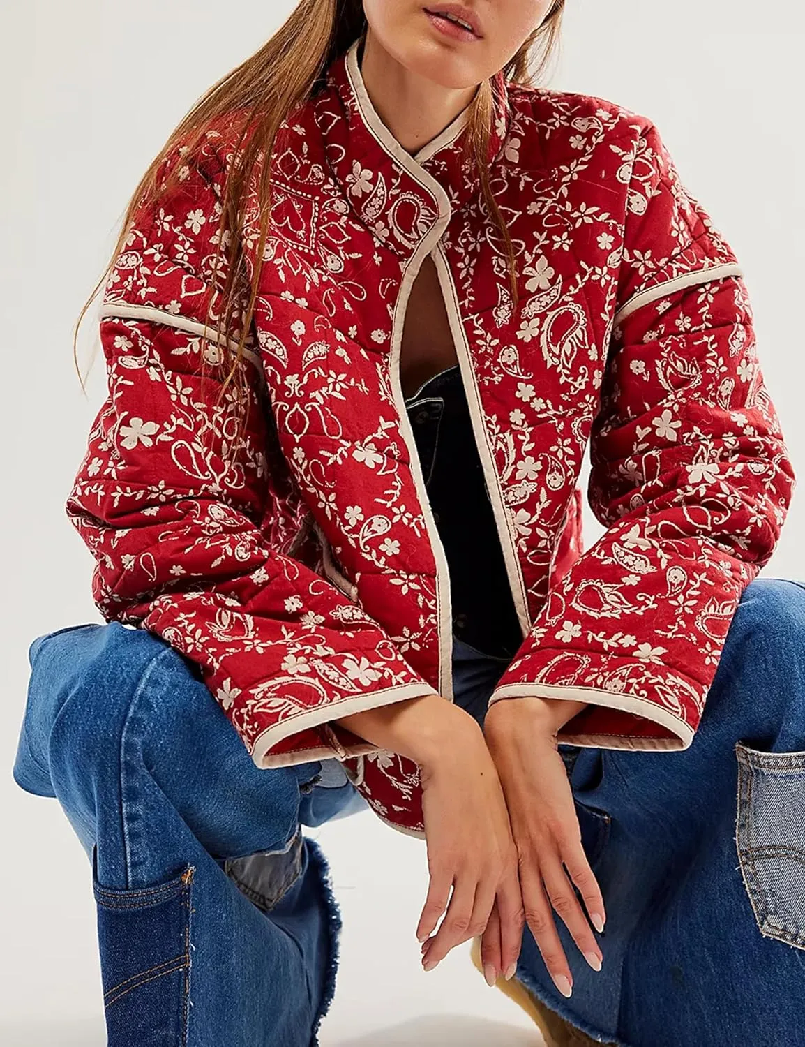 Quilted Jacket for Women Cropped Lightweight Cardigan Floral Print Quilted Puffy Jackets Long Sleeve with Pocket