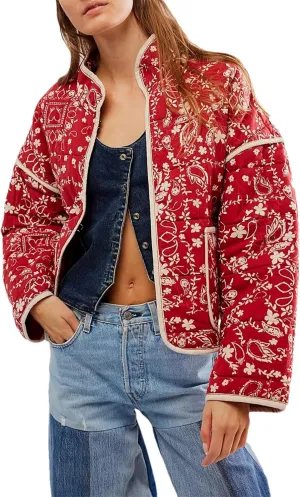 Quilted Jacket for Women Cropped Lightweight Cardigan Floral Print Quilted Puffy Jackets Long Sleeve with Pocket