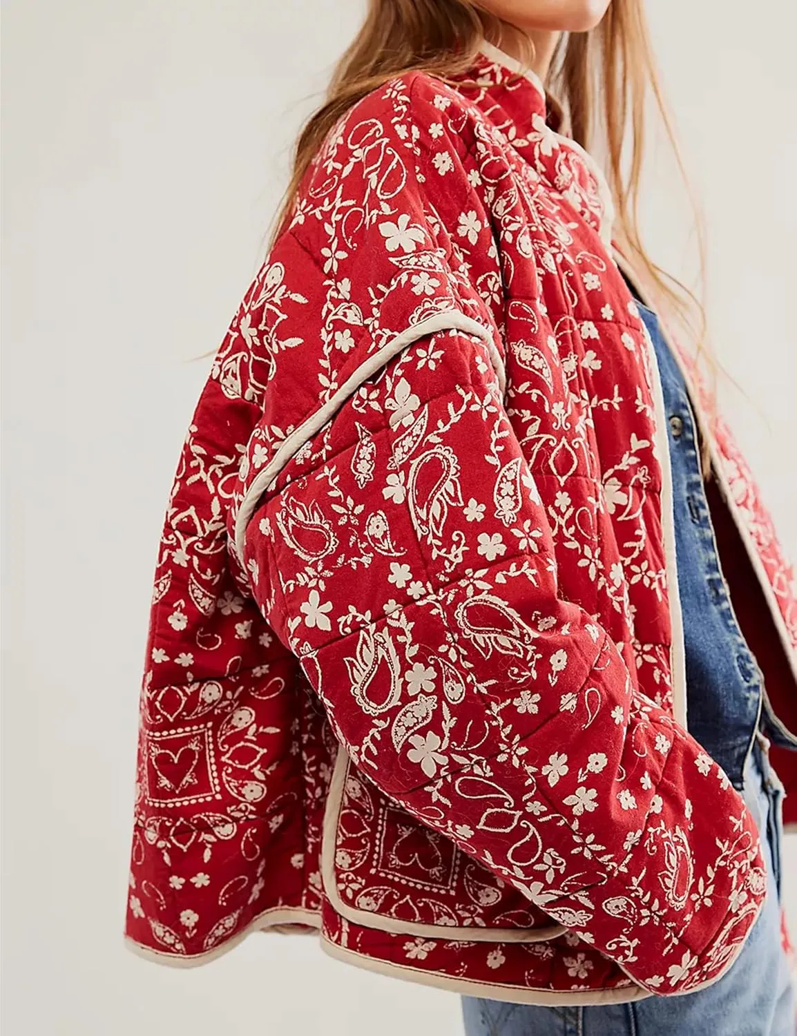 Quilted Jacket for Women Cropped Lightweight Cardigan Floral Print Quilted Puffy Jackets Long Sleeve with Pocket