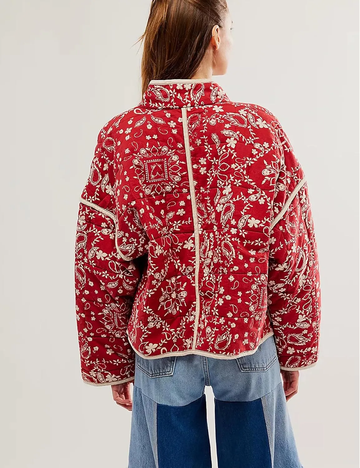Quilted Jacket for Women Cropped Lightweight Cardigan Floral Print Quilted Puffy Jackets Long Sleeve with Pocket