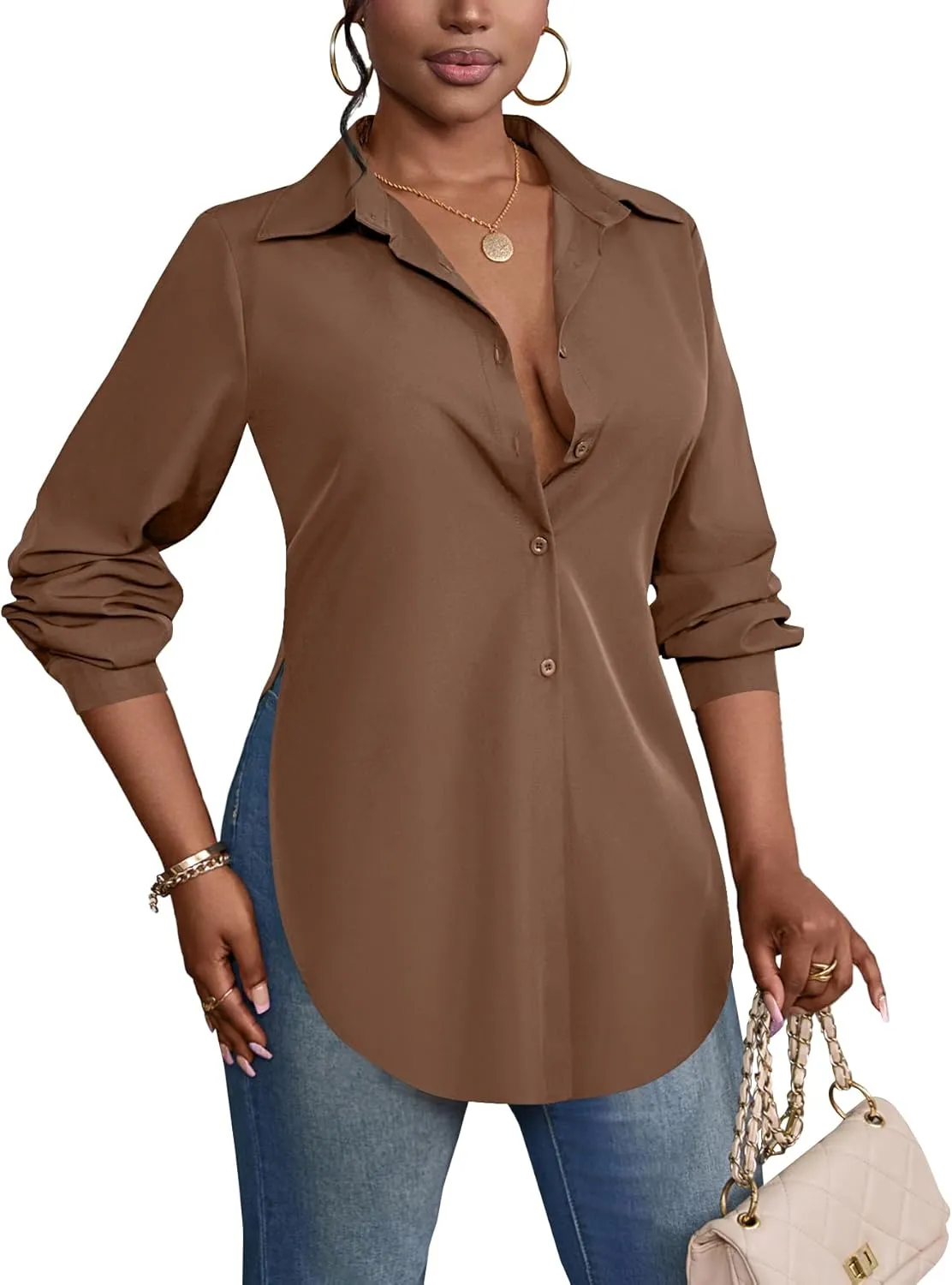 Rooscier Women's Collar V Neck Long Sleeve Slit Side Button Down Long Shirt Blouse Top