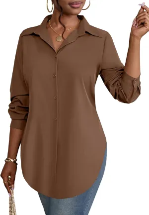 Rooscier Women's Collar V Neck Long Sleeve Slit Side Button Down Long Shirt Blouse Top