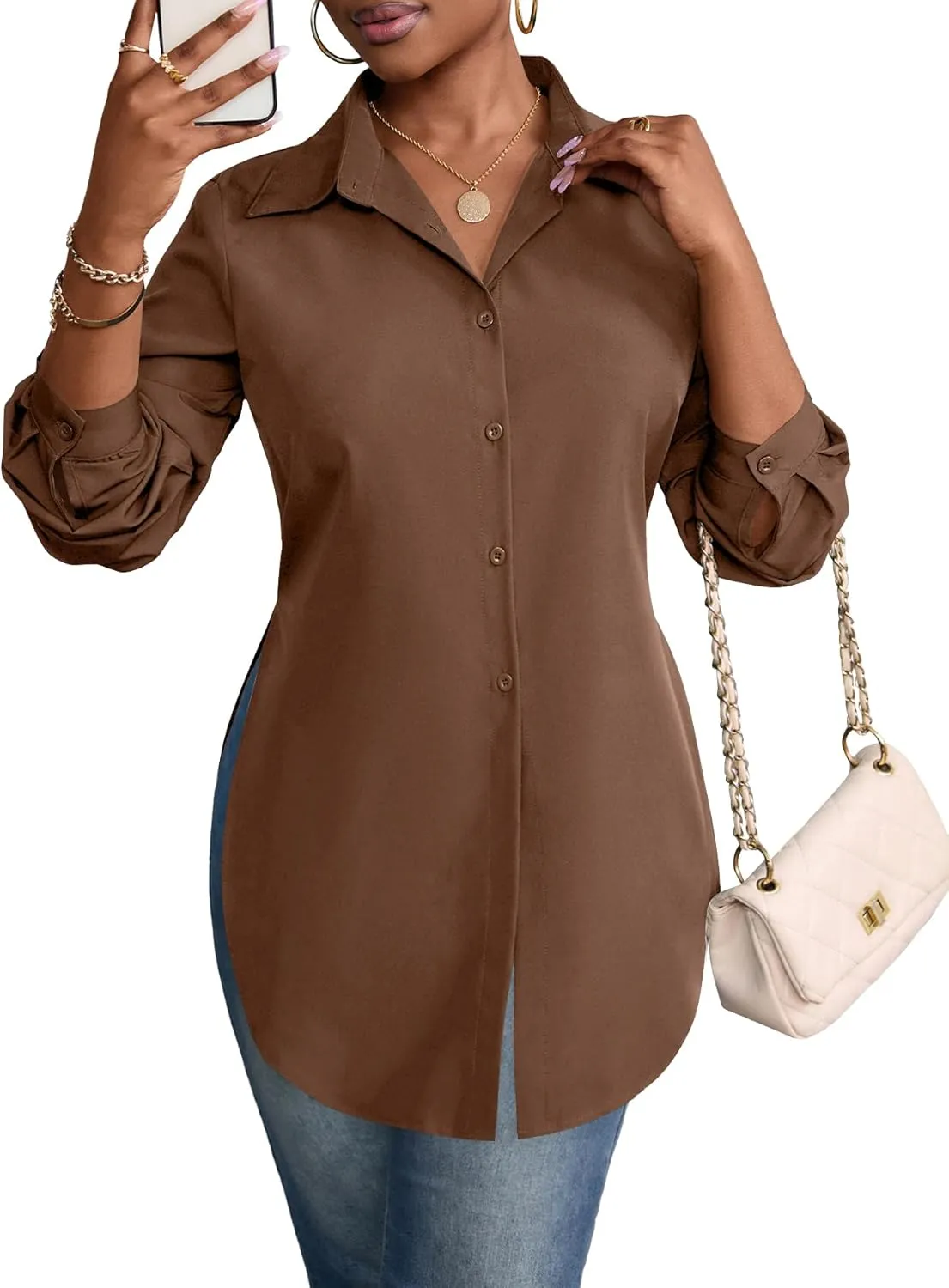 Rooscier Women's Collar V Neck Long Sleeve Slit Side Button Down Long Shirt Blouse Top