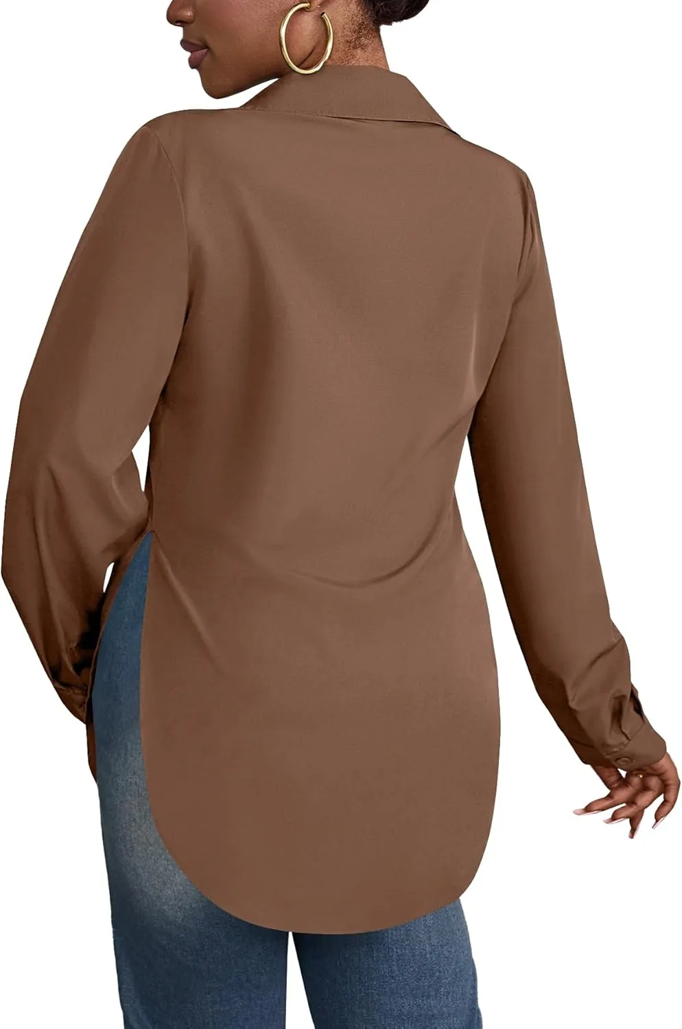 Rooscier Women's Collar V Neck Long Sleeve Slit Side Button Down Long Shirt Blouse Top