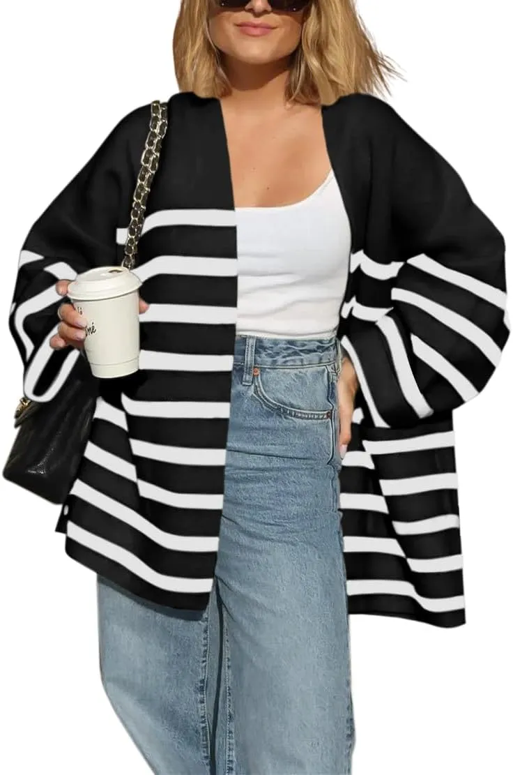 Saodimallsu Womens Oversized Striped Cardigans Open Front Chunky Knit Casual Loose Fit Long Sleeve Sweater Coats