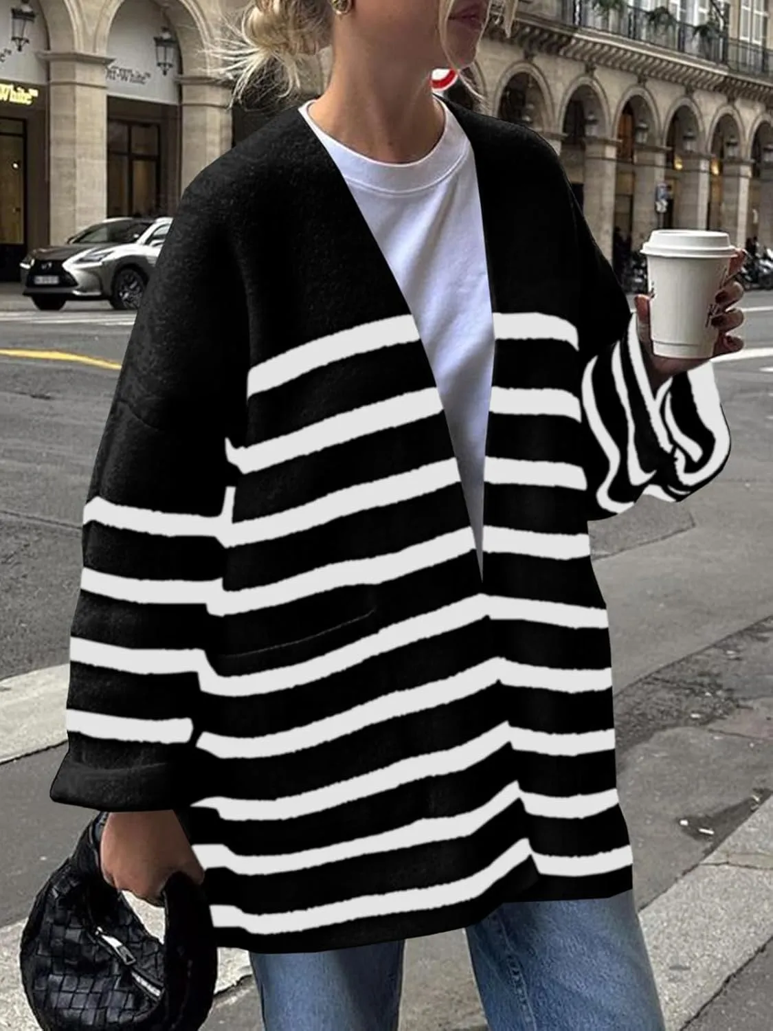 Saodimallsu Womens Oversized Striped Cardigans Open Front Chunky Knit Casual Loose Fit Long Sleeve Sweater Coats