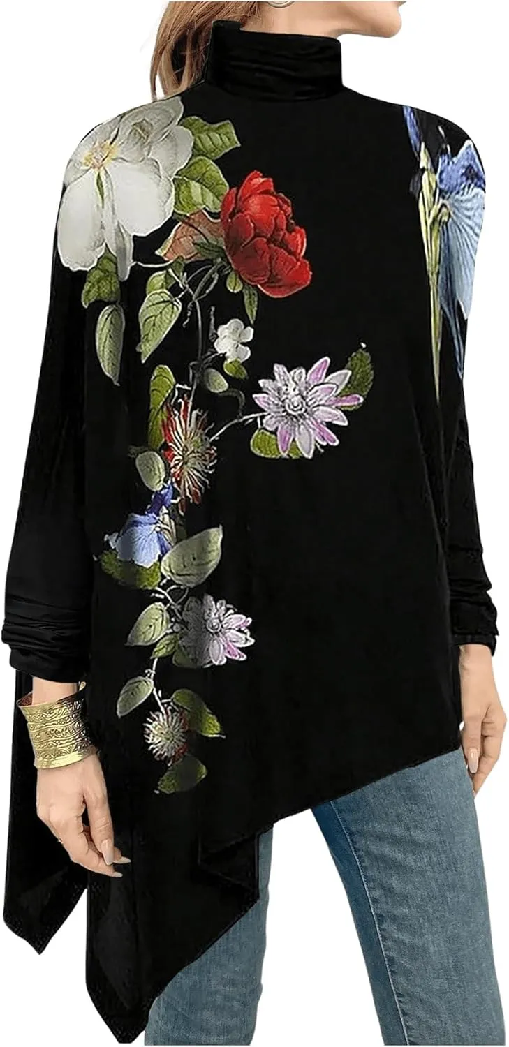 SweatyRocks Women's Floral Print Turtleneck T Shirt Dolman Long Sleeve Asymmetrical Flowy Tunic Tops
