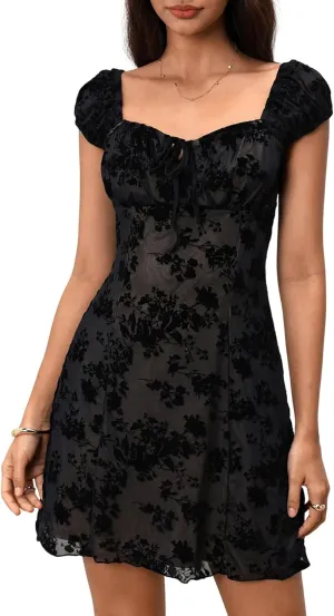 SweatyRocks Women's Floral Velvet Mesh Dresses A Line Cap Sleeve Square Neck Mini Dress
