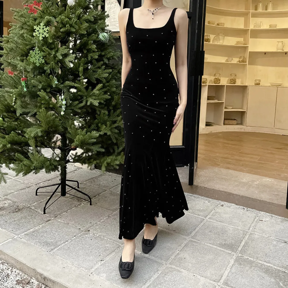 Trend4us Velvet Sling Backless Evening Gown