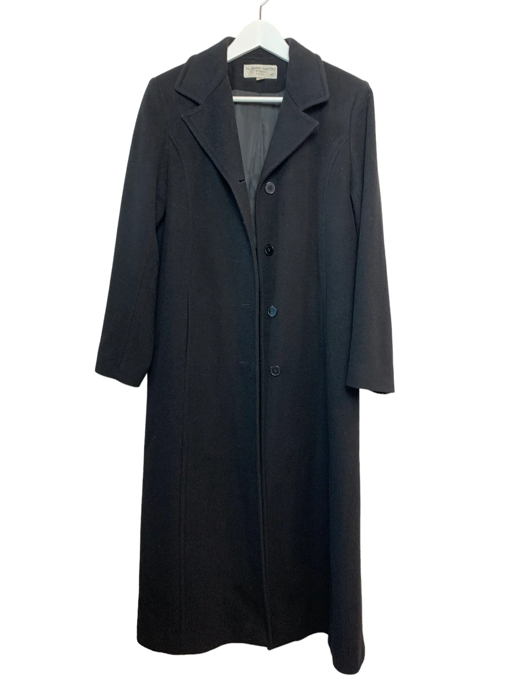 Vintage 80s Albert Nipon Long Coat Black Cashmere Wool 8 Petite