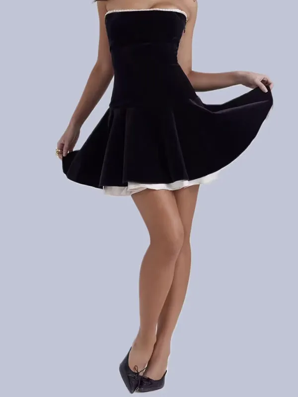 Vintage Couture Strapless Tube Mini Dress in Velvet with Lace-Up Back